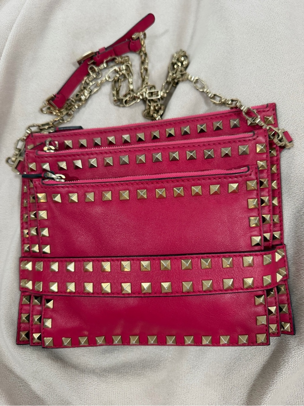 Valentino Garavani Fuchsia Leather Stud-Trim Crossbody Bag with Gold Chain Strap